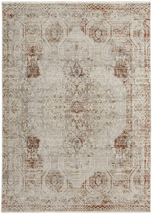 10' X 13' Tan Ivory And Orange Floral Power Loom Distressed Area Rug With Fringe - 23.62" (L) x 36.22" (W) x 0.23" (H)