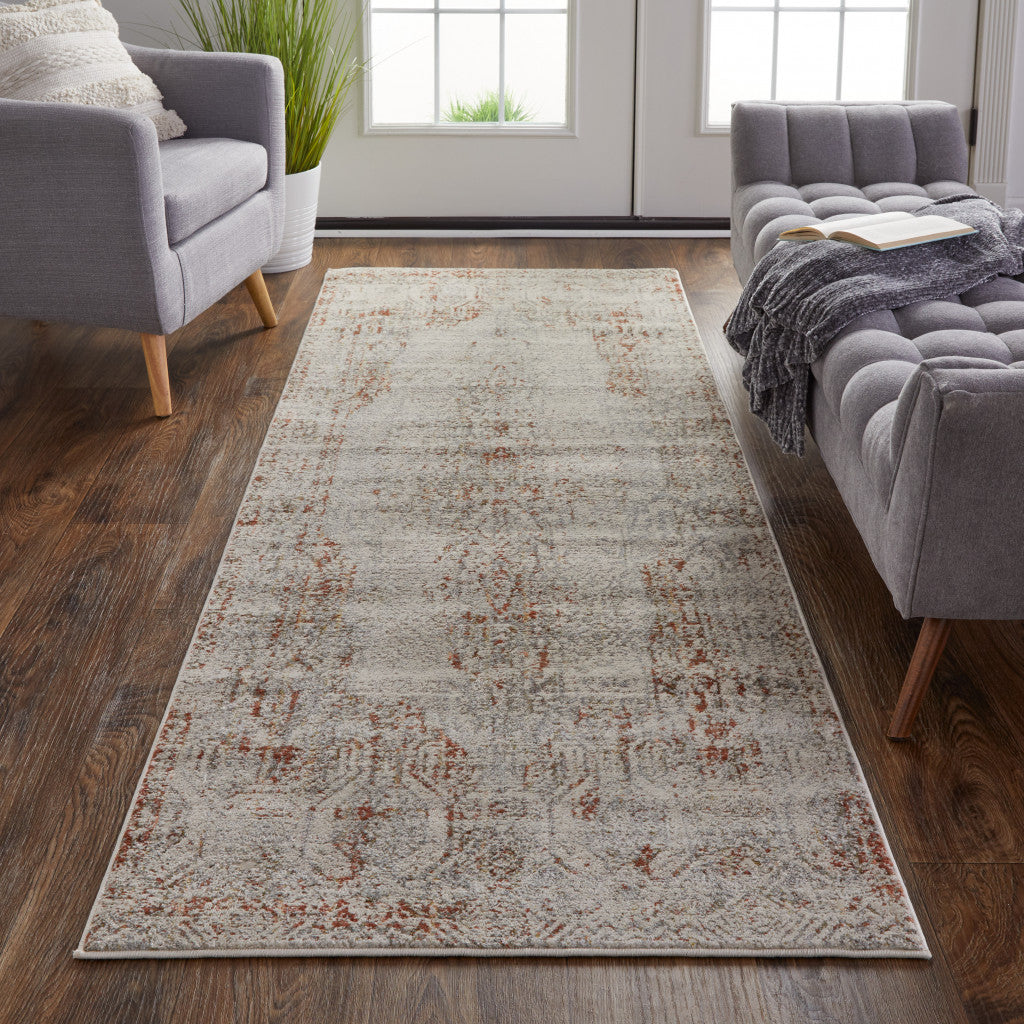 10' Tan Ivory And Orange Floral Power Loom Distressed Runner Rug With Fringe - 32.0" (L) x 156.0" (W) x 0.6" (H)