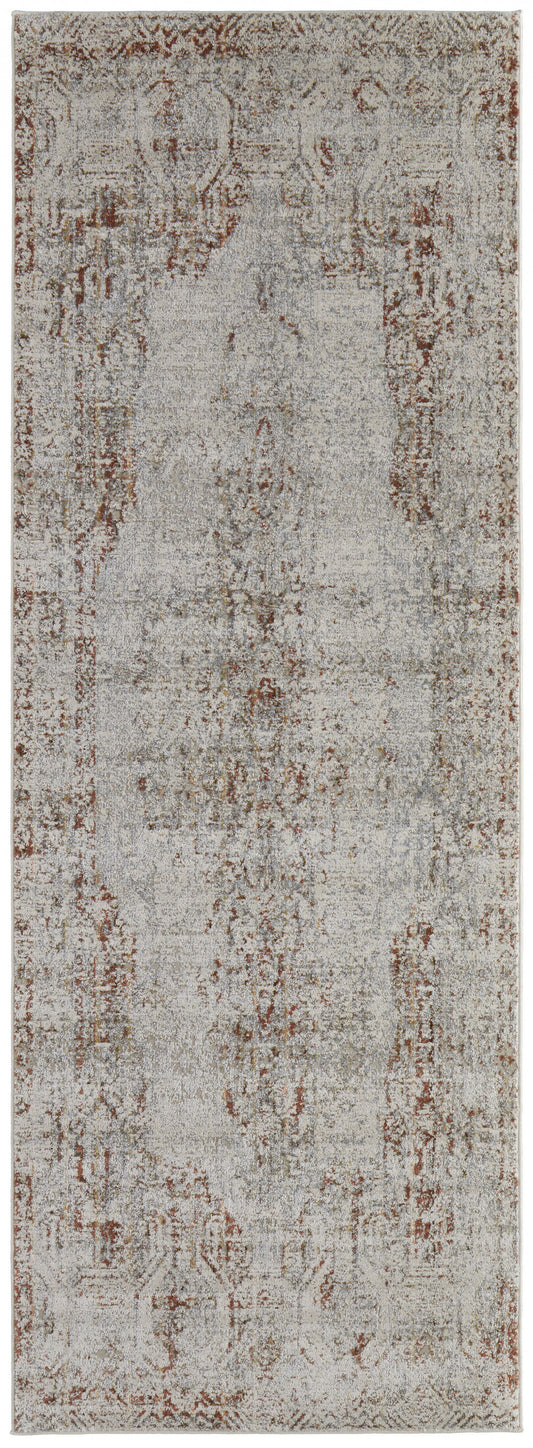 12' Tan Ivory And Orange Floral Power Loom Distressed Runner Rug With Fringe - 26.77" (L) x 92.52" (W) x 0.23" (H)