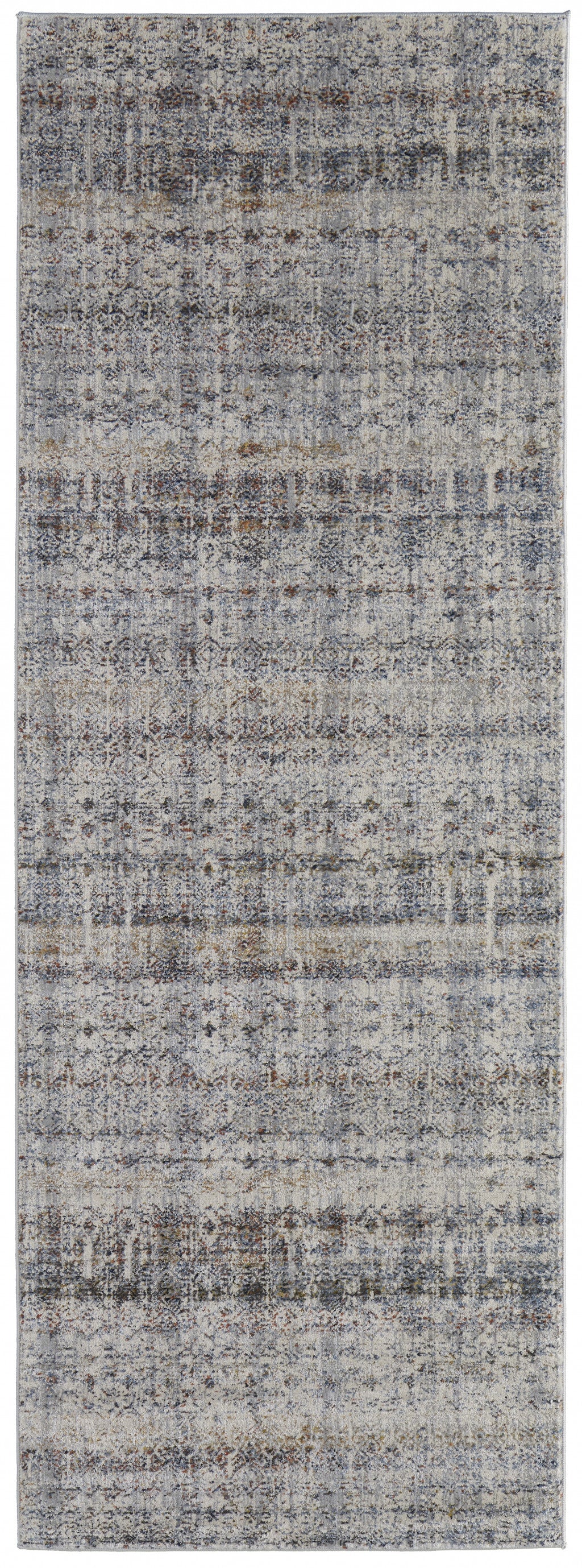 10' Tan Ivory And Blue Geometric Power Loom Distressed Runner Rug With Fringe - 32.0" (L) x 156.0" (W) x 0.6" (H)