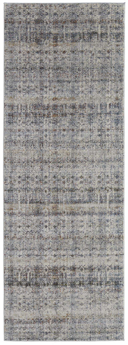 10' Tan Ivory And Blue Geometric Power Loom Distressed Runner Rug With Fringe - 32.0" (L) x 156.0" (W) x 0.6" (H)