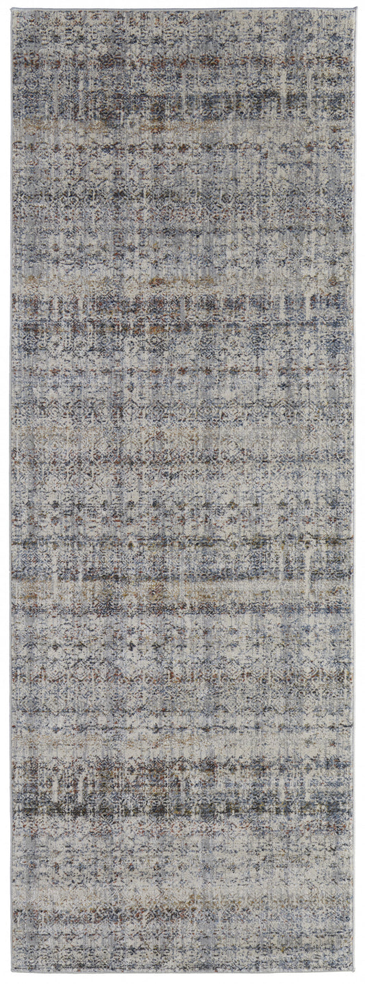 10' Tan Ivory And Blue Geometric Power Loom Distressed Runner Rug With Fringe - 32.0" (L) x 156.0" (W) x 0.6" (H)