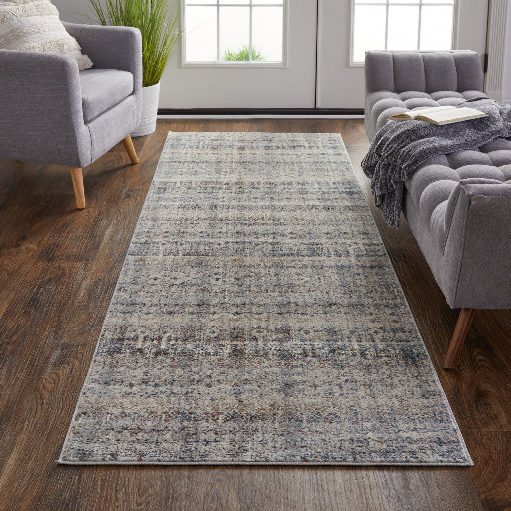 10' Tan Ivory And Blue Geometric Power Loom Distressed Runner Rug With Fringe - 32.0" (L) x 156.0" (W) x 0.6" (H)