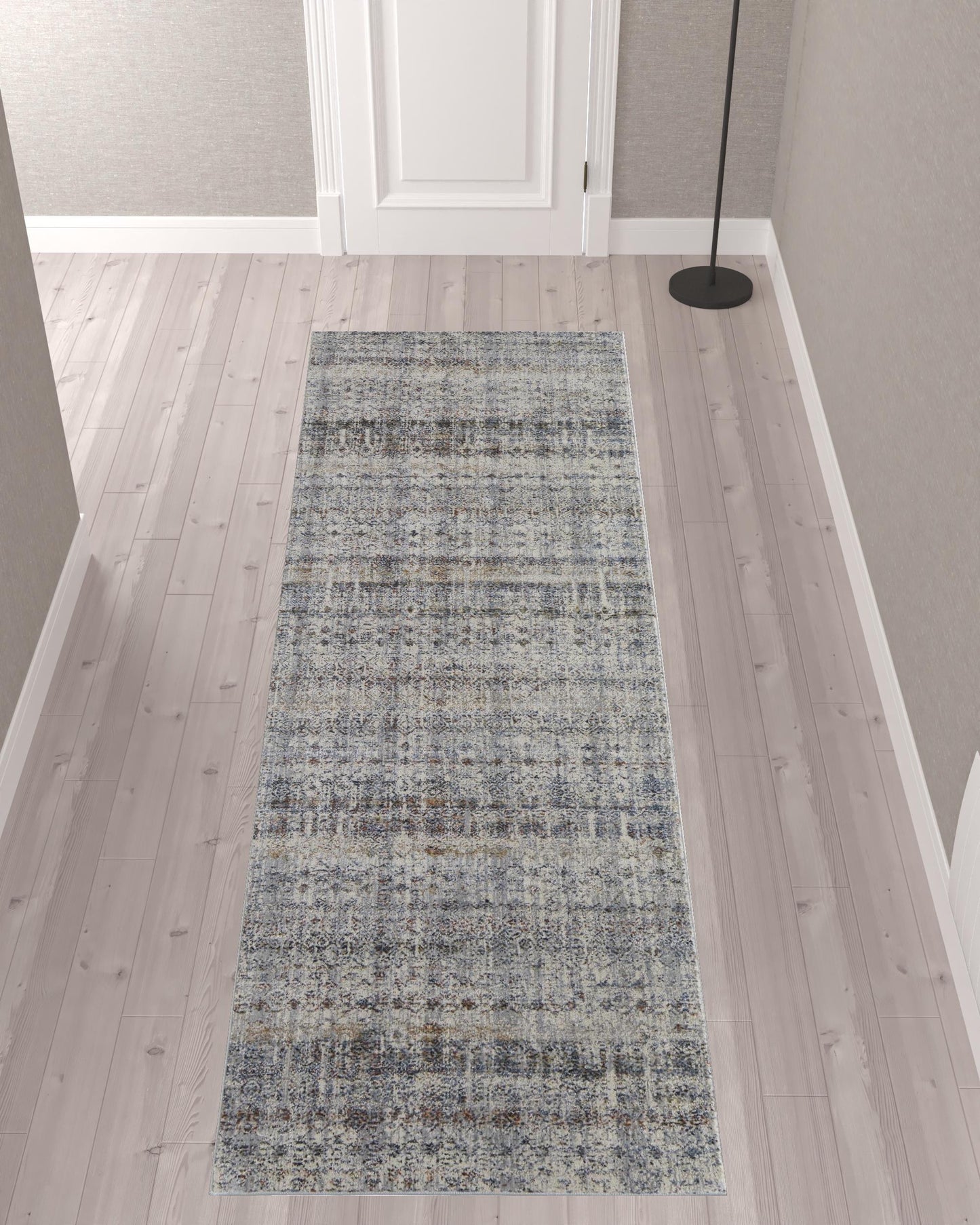 10' Tan Ivory And Blue Geometric Power Loom Distressed Runner Rug With Fringe - 32.0" (L) x 156.0" (W) x 0.6" (H)