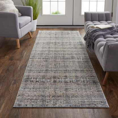 12' Tan Ivory And Blue Geometric Power Loom Distressed Runner Rug With Fringe - 26.77" (L) x 92.52" (W) x 0.31" (H)