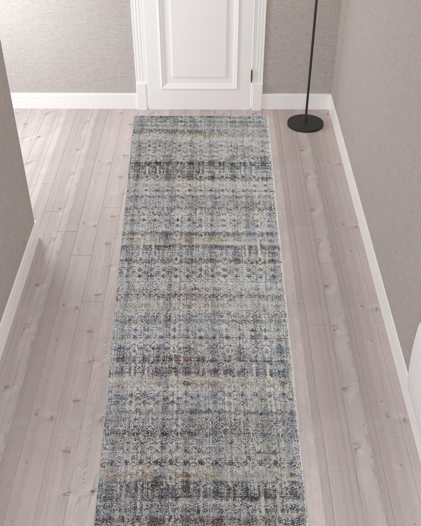 12' Tan Ivory And Blue Geometric Power Loom Distressed Runner Rug With Fringe - 26.77" (L) x 92.52" (W) x 0.31" (H)