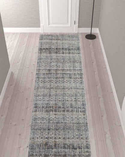 12' Tan Ivory And Blue Geometric Power Loom Distressed Runner Rug With Fringe - 26.77" (L) x 92.52" (W) x 0.31" (H)