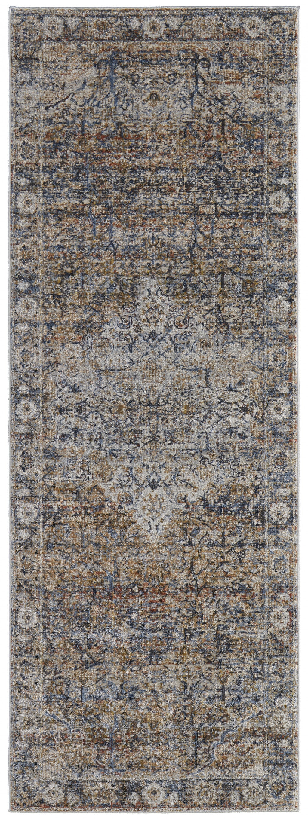 10' Tan Orange And Blue Floral Power Loom Distressed Runner Rug With Fringe - 27.0" (L) x 156.0" (W) x 0.6" (H)