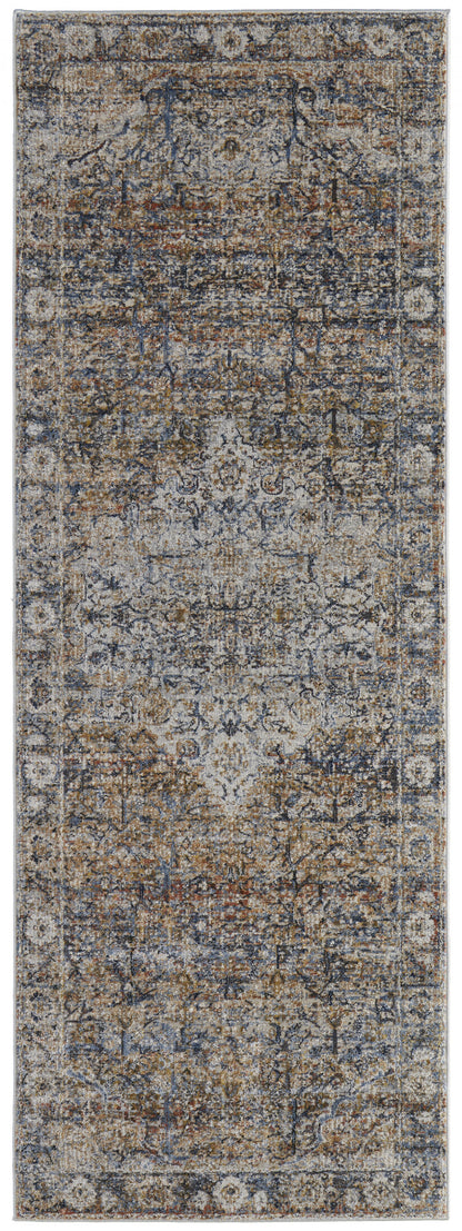 10' Tan Orange And Blue Floral Power Loom Distressed Runner Rug With Fringe - 27.0" (L) x 156.0" (W) x 0.6" (H)