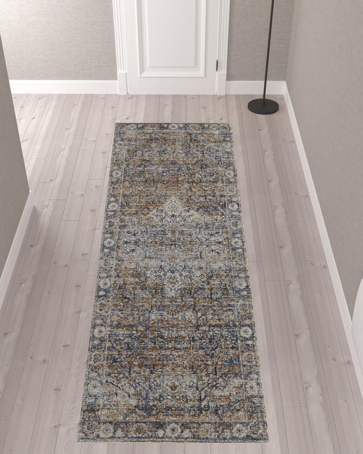 10' Tan Orange And Blue Floral Power Loom Distressed Runner Rug With Fringe - 27.0" (L) x 156.0" (W) x 0.6" (H)