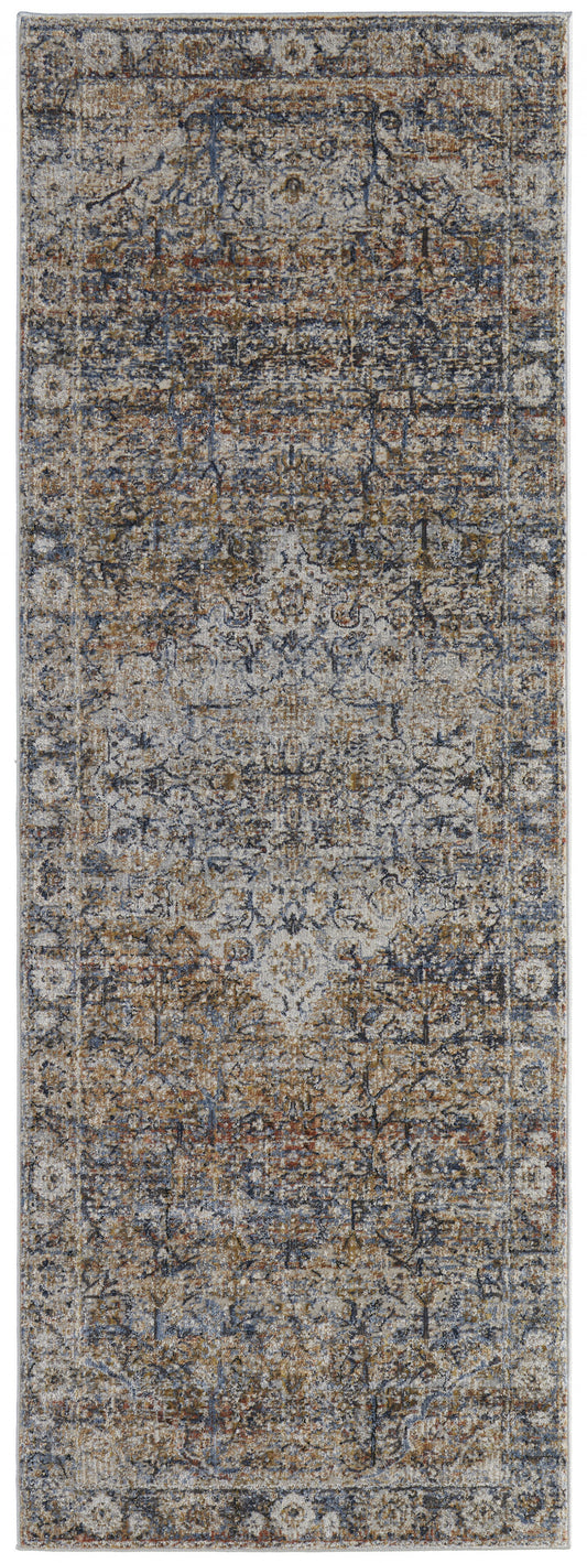 12' Tan Orange And Blue Floral Power Loom Distressed Runner Rug With Fringe - 26.77" (L) x 92.52" (W) x 0.23" (H)