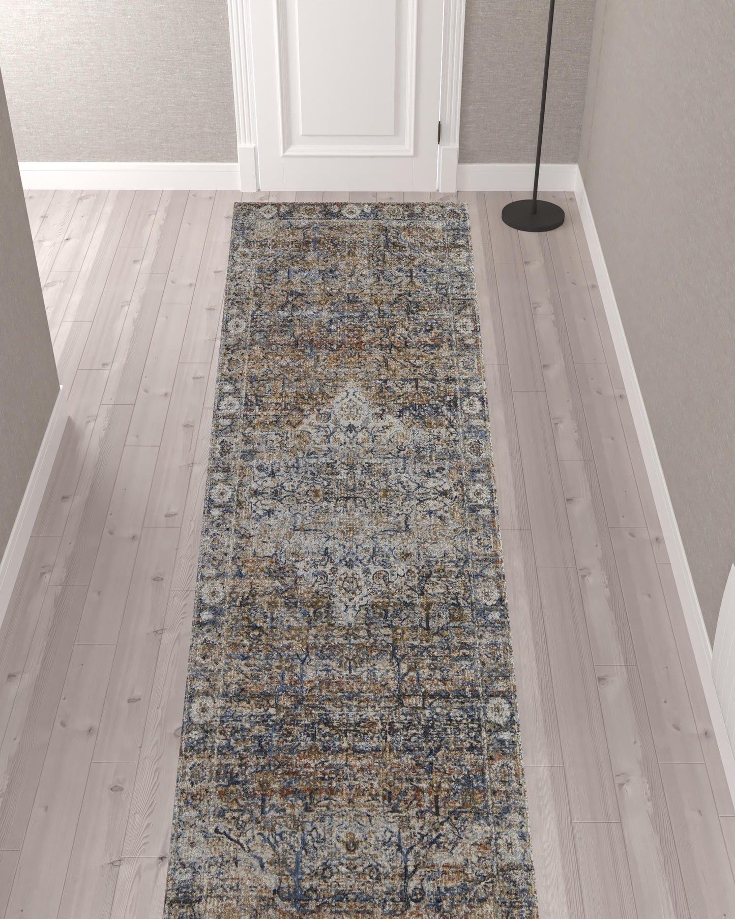 12' Tan Orange And Blue Floral Power Loom Distressed Runner Rug With Fringe - 26.77" (L) x 92.52" (W) x 0.23" (H)