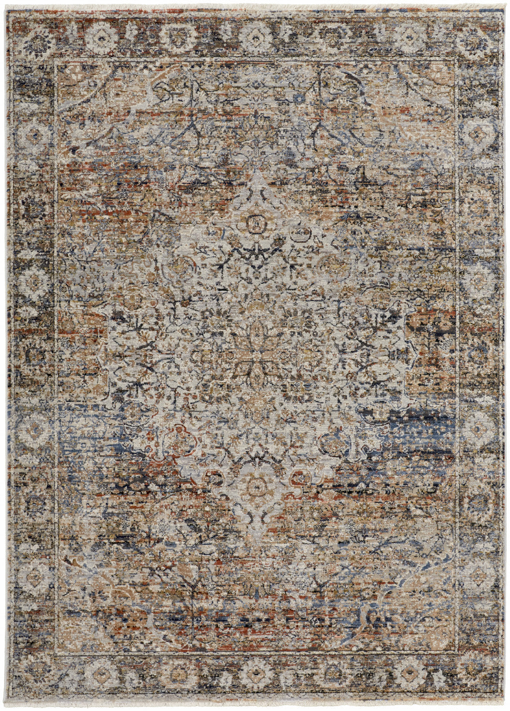 2' X 3' Tan Orange And Blue Floral Power Loom Distressed Area Rug With Fringe - 63.52" (L) x 63.52" (W) x 0.24" (H) FurniFindUSA