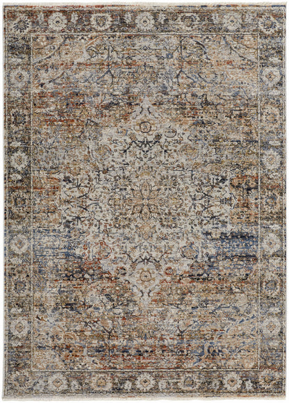 2' X 3' Tan Orange And Blue Floral Power Loom Distressed Area Rug With Fringe - 63.52" (L) x 63.52" (W) x 0.24" (H) FurniFindUSA