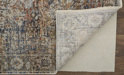 2' X 3' Tan Orange And Blue Floral Power Loom Distressed Area Rug With Fringe - 63.52" (L) x 63.52" (W) x 0.24" (H) FurniFindUSA