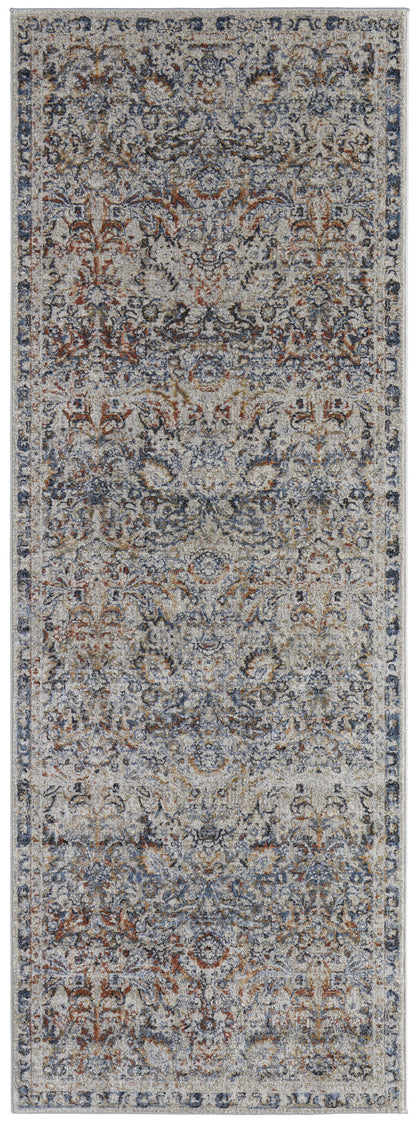 10' Tan Blue And Orange Floral Power Loom Distressed Runner Rug With Fringe - 27.0" (L) x 156.0" (W) x 0.6" (H)