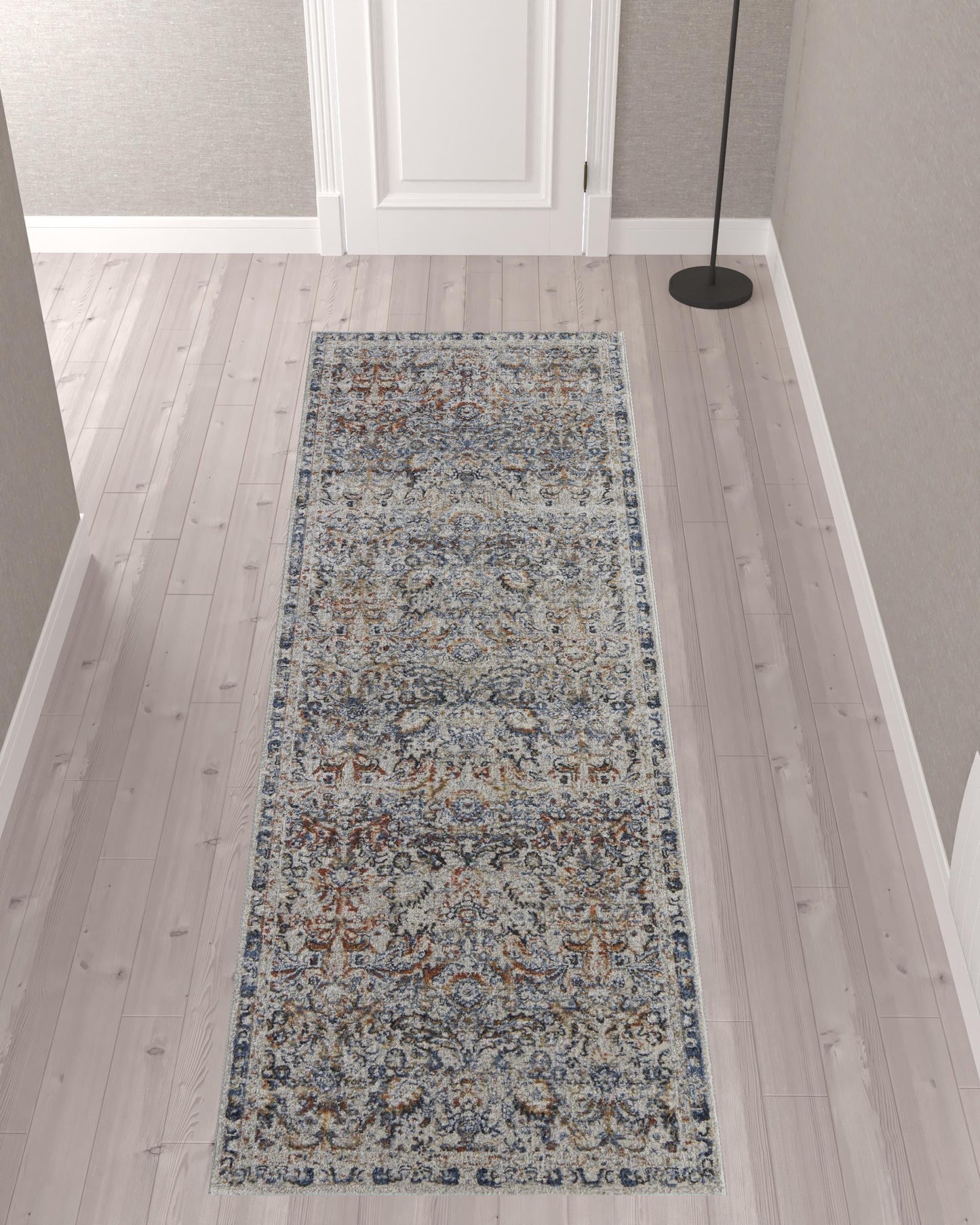 10' Tan Blue And Orange Floral Power Loom Distressed Runner Rug With Fringe - 27.0" (L) x 156.0" (W) x 0.6" (H)