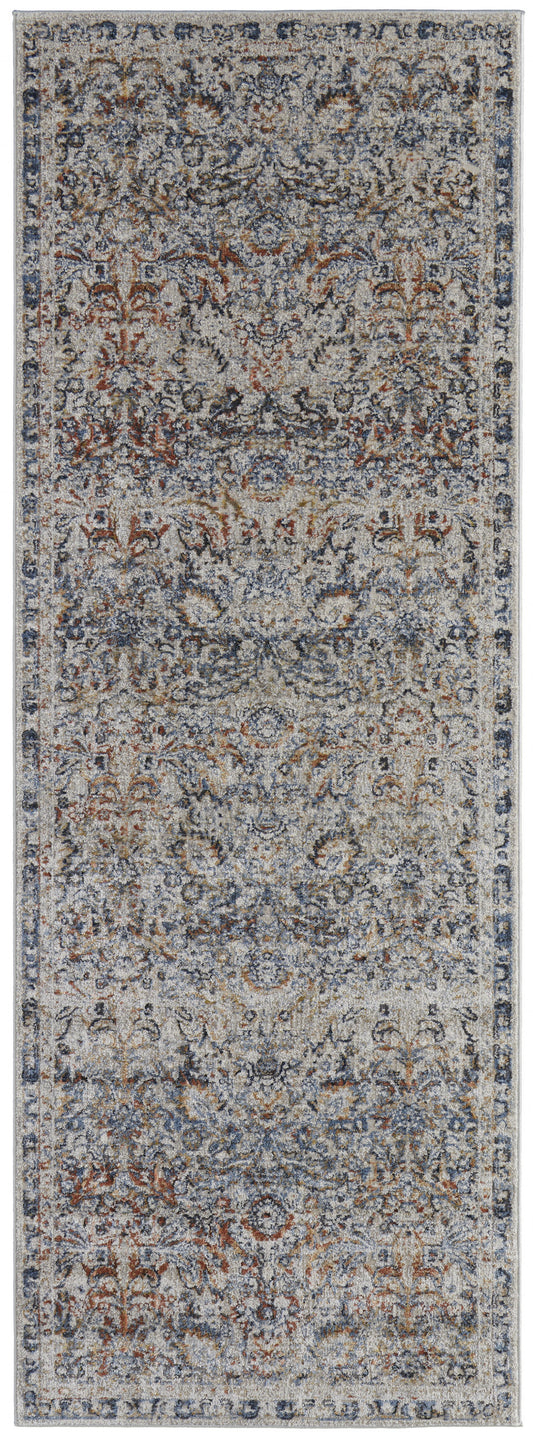 12' Tan Blue And Orange Floral Power Loom Distressed Runner Rug With Fringe - 22.44" (L) x 90.55" (W) x 1.0" (H)