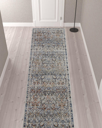 12' Tan Blue And Orange Floral Power Loom Distressed Runner Rug With Fringe - 22.44" (L) x 90.55" (W) x 1.0" (H)