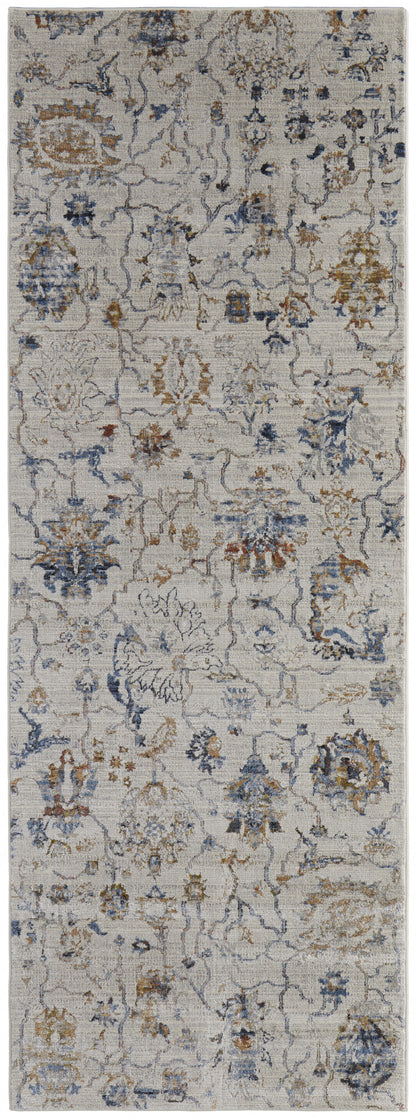 10' Ivory Orange And Blue Floral Power Loom Distressed Runner Rug With Fringe - 39" H x 36" W x 120" D