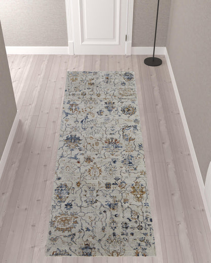 10' Ivory Orange And Blue Floral Power Loom Distressed Runner Rug With Fringe - 39" H x 36" W x 120" D