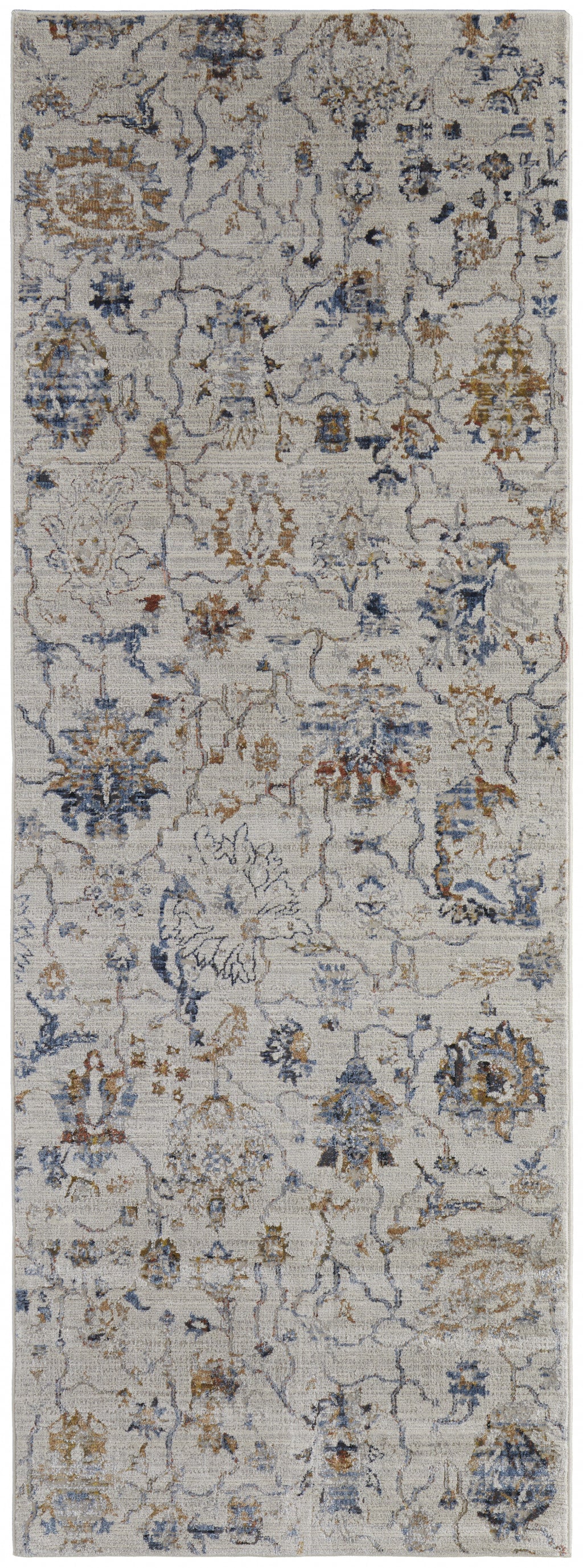 12' Ivory Orange And Blue Floral Power Loom Distressed Runner Rug With Fringe - 39" H x 36" W x 144" D