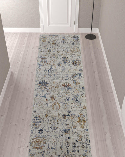 12' Ivory Orange And Blue Floral Power Loom Distressed Runner Rug With Fringe - 39" H x 36" W x 144" D