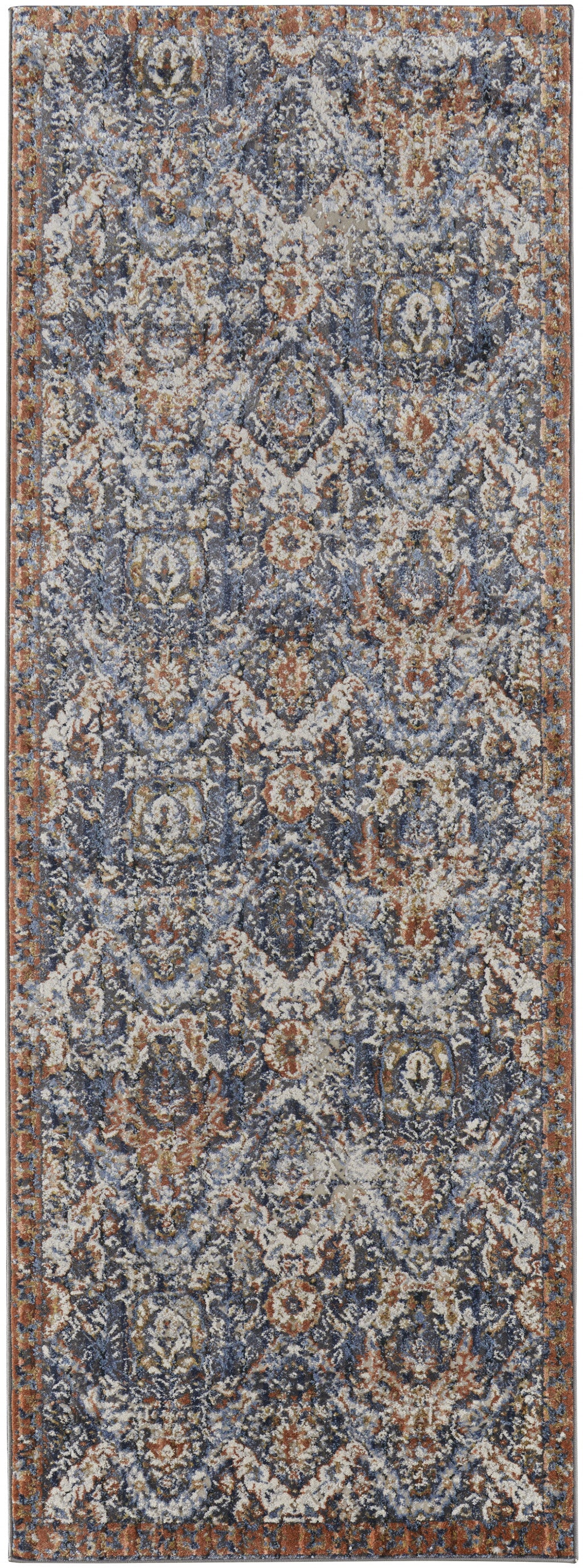 10' Blue Orange And Ivory Floral Power Loom Runner Rug With Fringe - 26.0" (L) x 120.0" (W) x 0.28" (H)