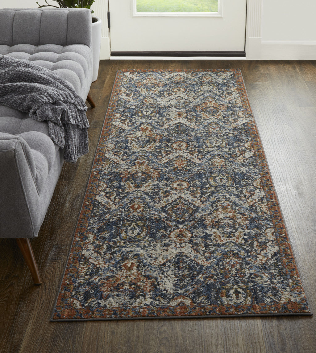 10' Blue Orange And Ivory Floral Power Loom Runner Rug With Fringe - 26.0" (L) x 120.0" (W) x 0.28" (H)