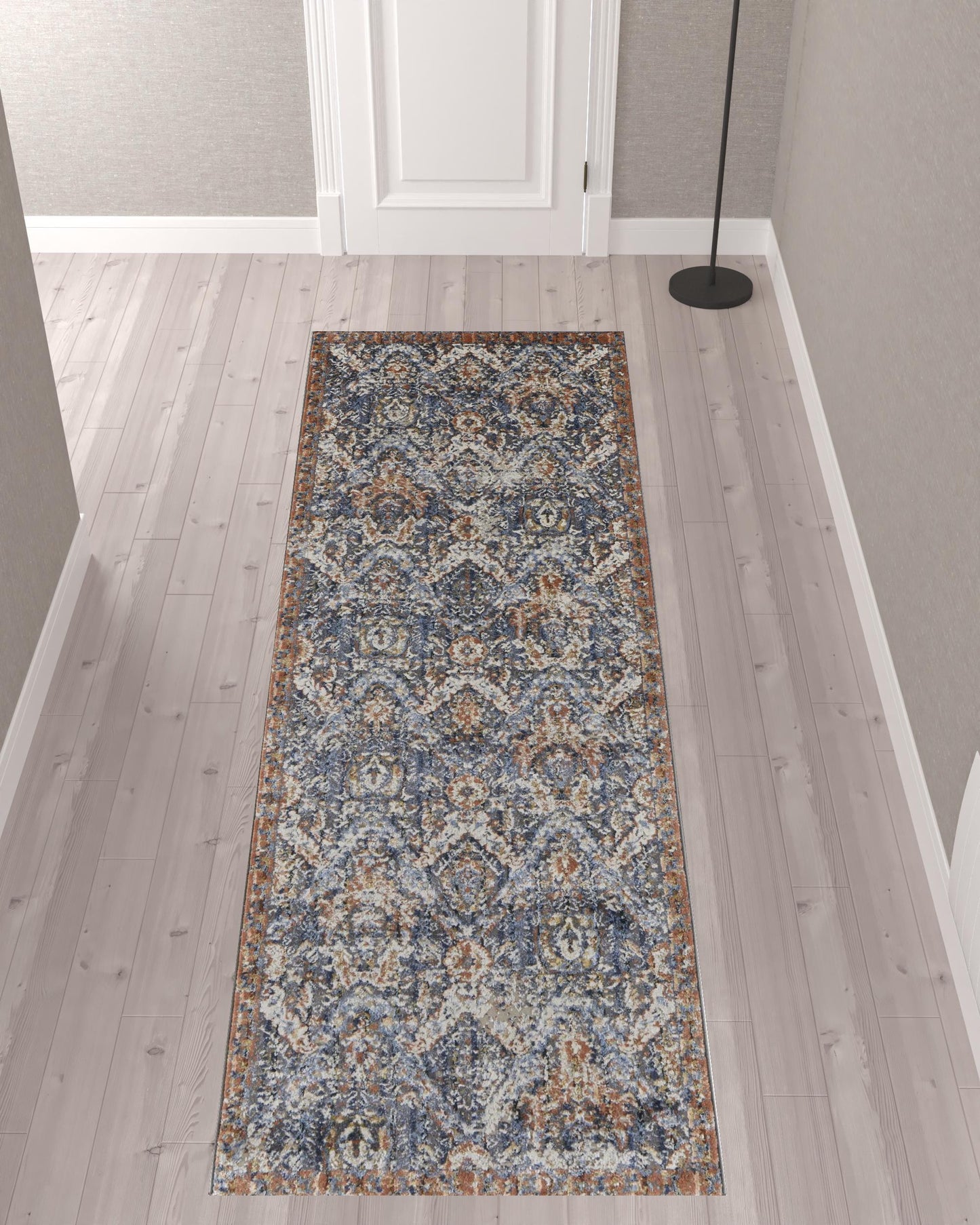 10' Blue Orange And Ivory Floral Power Loom Runner Rug With Fringe - 26.0" (L) x 120.0" (W) x 0.28" (H)