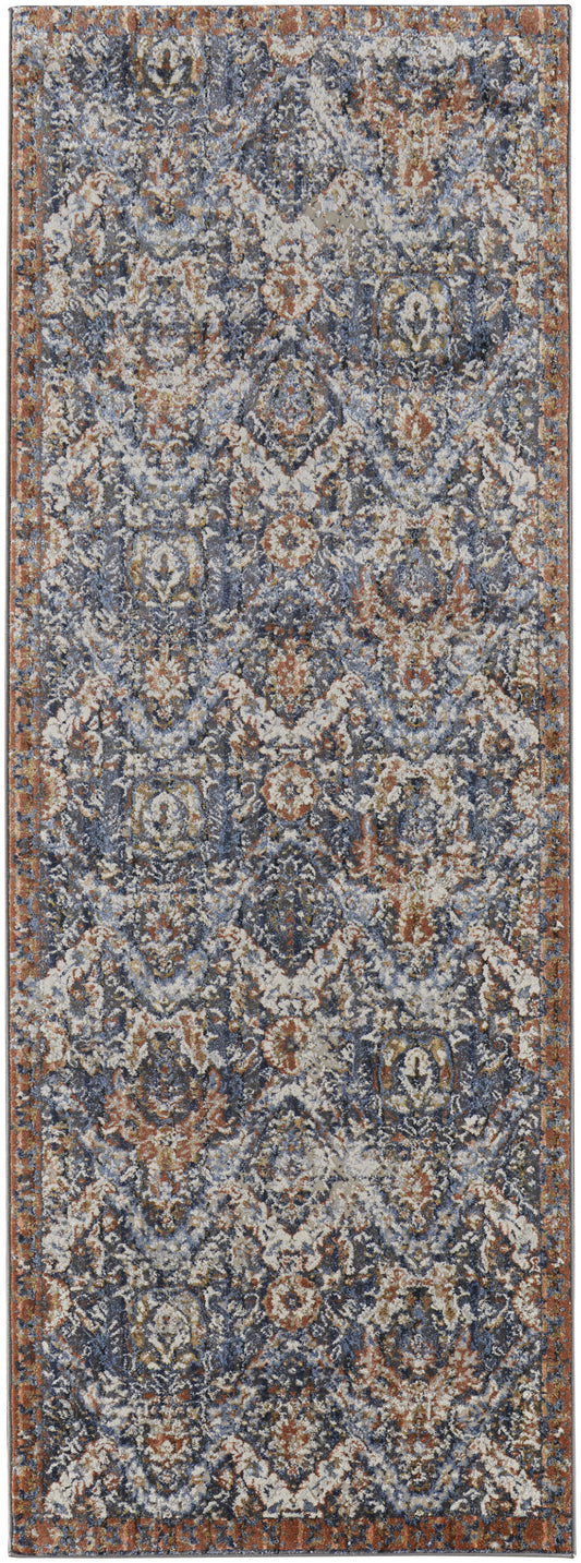 12' Blue Orange And Ivory Floral Power Loom Runner Rug With Fringe - 26.0" (L) x 45.0" (W) x 0.32" (H)