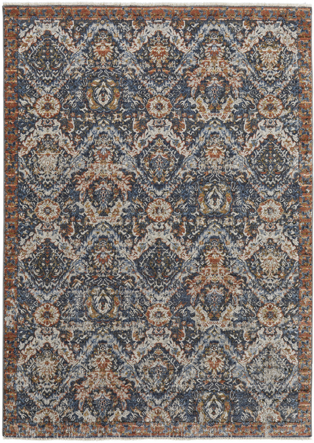 2' X 3' Blue Orange And Ivory Floral Power Loom Area Rug With Fringe - 5.0" (L) x 5.0" (W) x 0.4" (H)