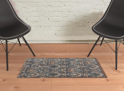 2' X 3' Blue Orange And Ivory Floral Power Loom Area Rug With Fringe - 5.0" (L) x 5.0" (W) x 0.4" (H)