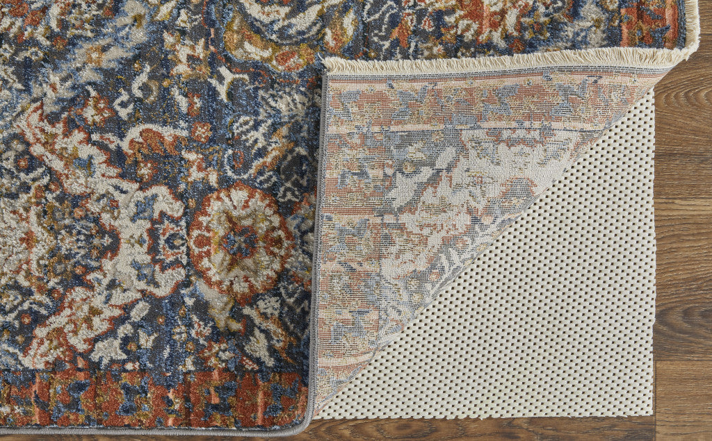 2' X 3' Blue Orange And Ivory Floral Power Loom Area Rug With Fringe - 5.0" (L) x 5.0" (W) x 0.4" (H)