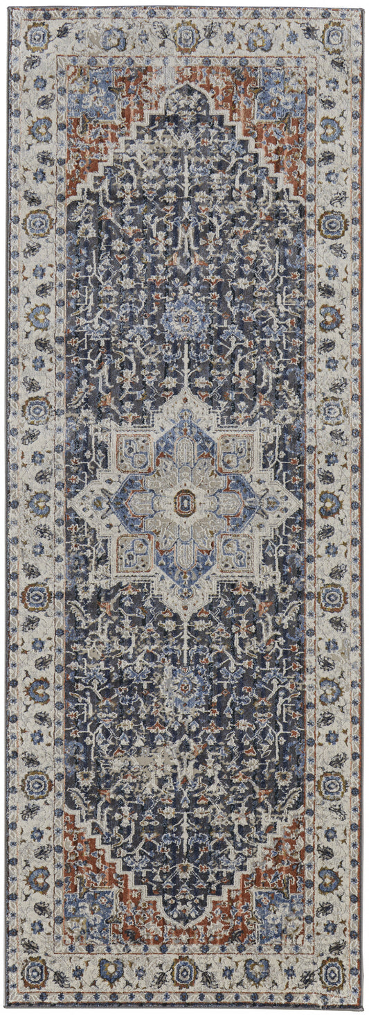 10' Ivory Blue And Red Floral Power Loom Runner Rug With Fringe - 32.0" (L) x 120.0" (W) x 0.6" (H)