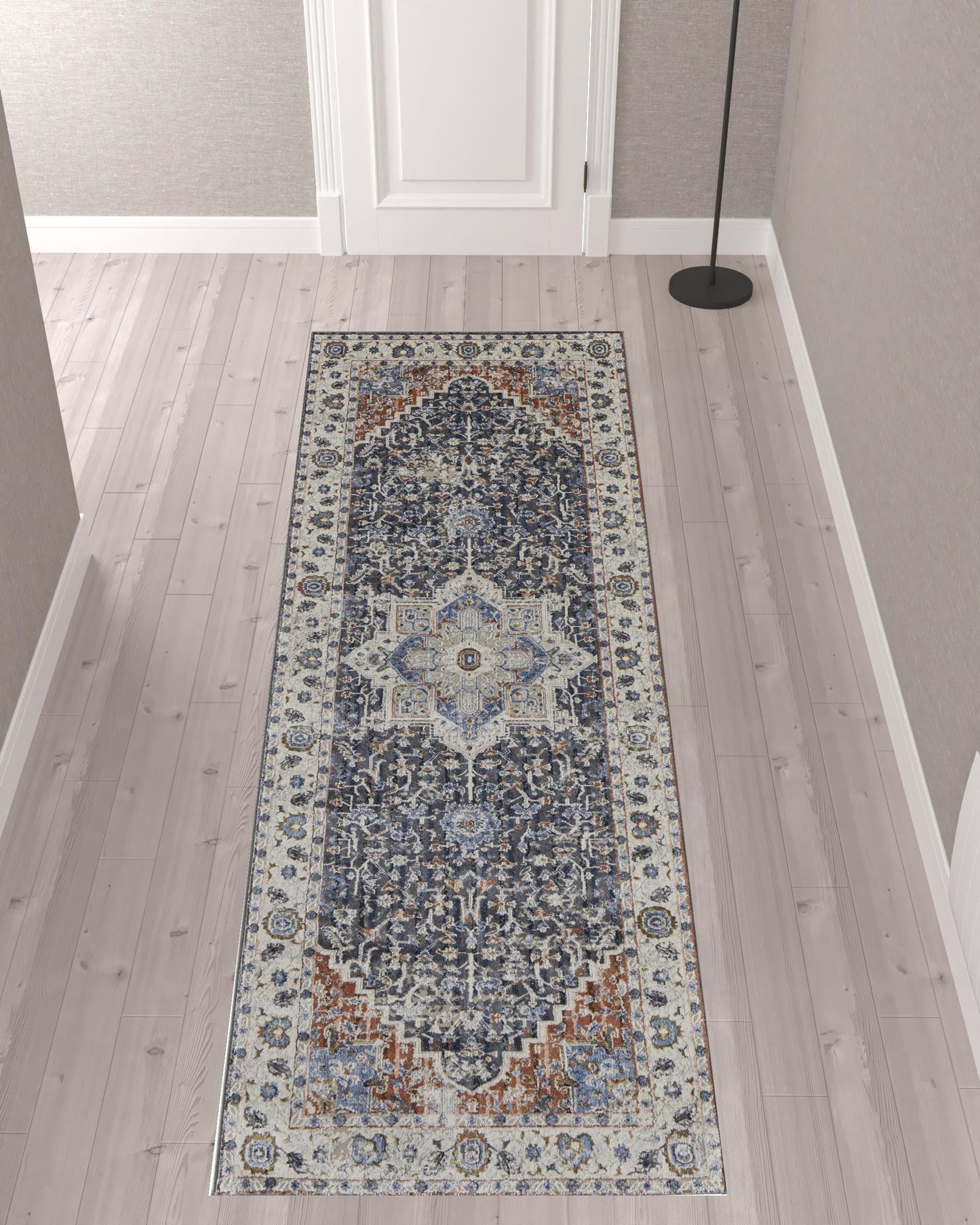 10' Ivory Blue And Red Floral Power Loom Runner Rug With Fringe - 32.0" (L) x 120.0" (W) x 0.6" (H)