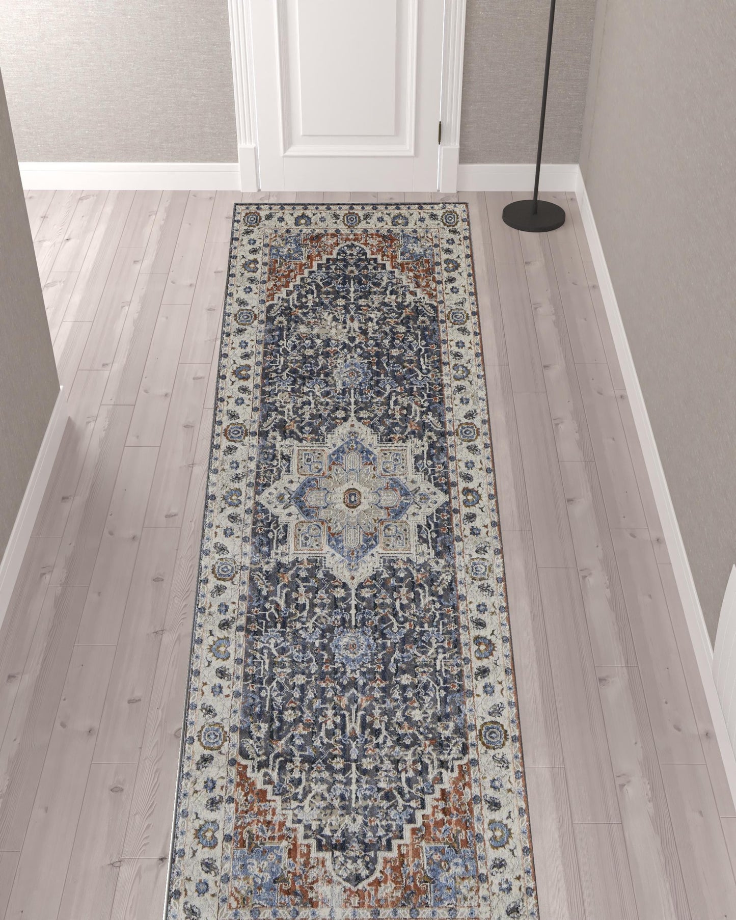 12' Ivory Blue And Red Floral Power Loom Runner Rug With Fringe - 24.0" (L) x 72.0" (W) x 0.25" (H)