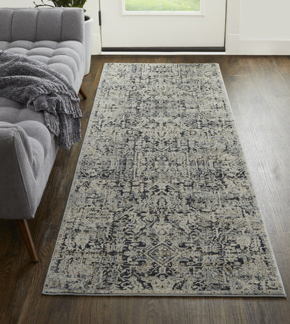 10' Ivory Gray And Taupe Abstract Power Loom Distressed Runner Rug With Fringe - 32.0" (L) x 120.0" (W) x 0.6" (H)