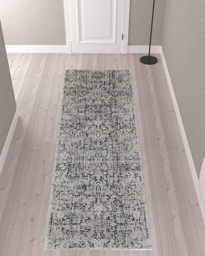 10' Ivory Gray And Taupe Abstract Power Loom Distressed Runner Rug With Fringe - 32.0" (L) x 120.0" (W) x 0.6" (H)