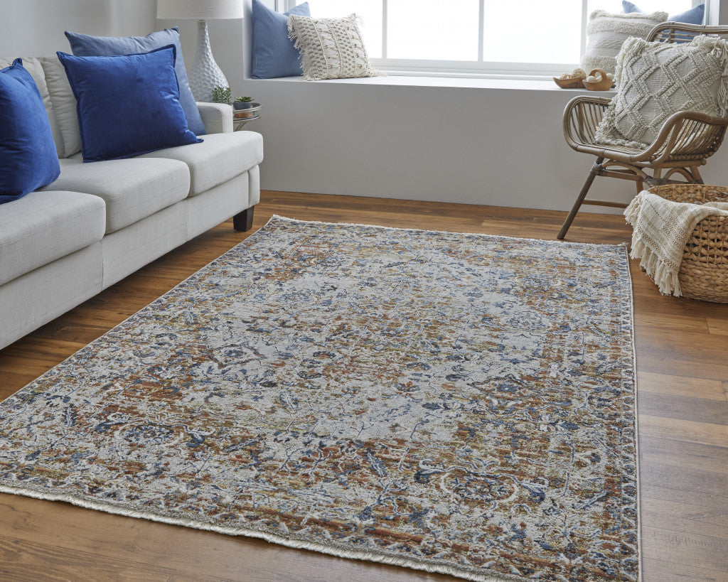 10' X 13' Tan Ivory And Orange Floral Power Loom Area Rug With Fringe - 23.62" (L) x 36.22" (W) x 0.23" (H)