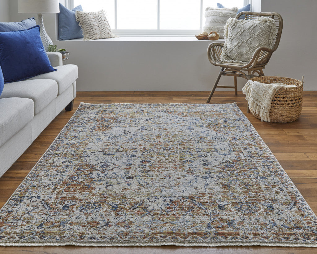 10' X 13' Tan Ivory And Orange Floral Power Loom Area Rug With Fringe - 23.62" (L) x 36.22" (W) x 0.23" (H)