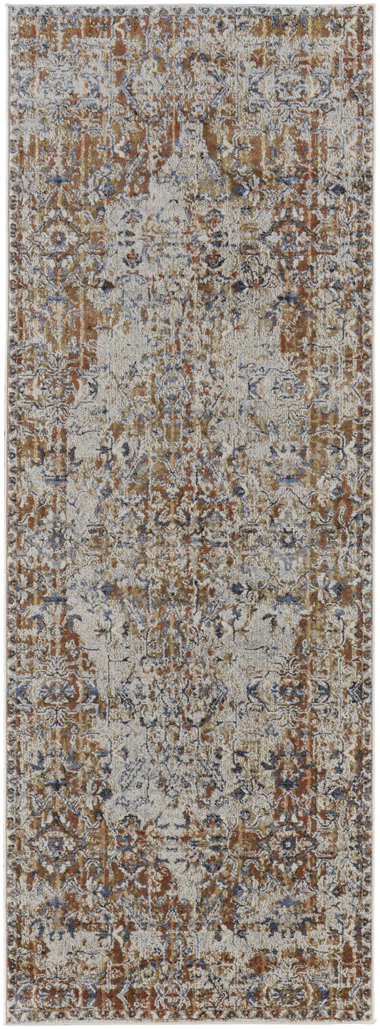 10' Tan Ivory And Orange Floral Power Loom Runner Rug With Fringe - 27.0" (L) x 156.0" (W) x 0.6" (H)