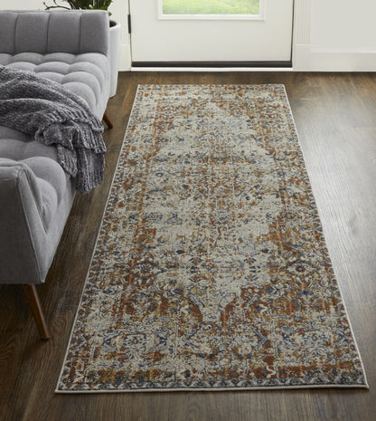 12' Tan Ivory And Orange Floral Power Loom Runner Rug With Fringe - 26.77" (L) x 92.52" (W) x 0.23" (H)