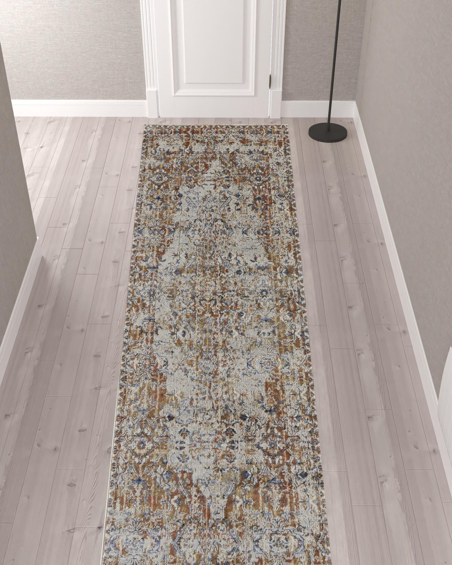 12' Tan Ivory And Orange Floral Power Loom Runner Rug With Fringe - 26.77" (L) x 92.52" (W) x 0.23" (H)