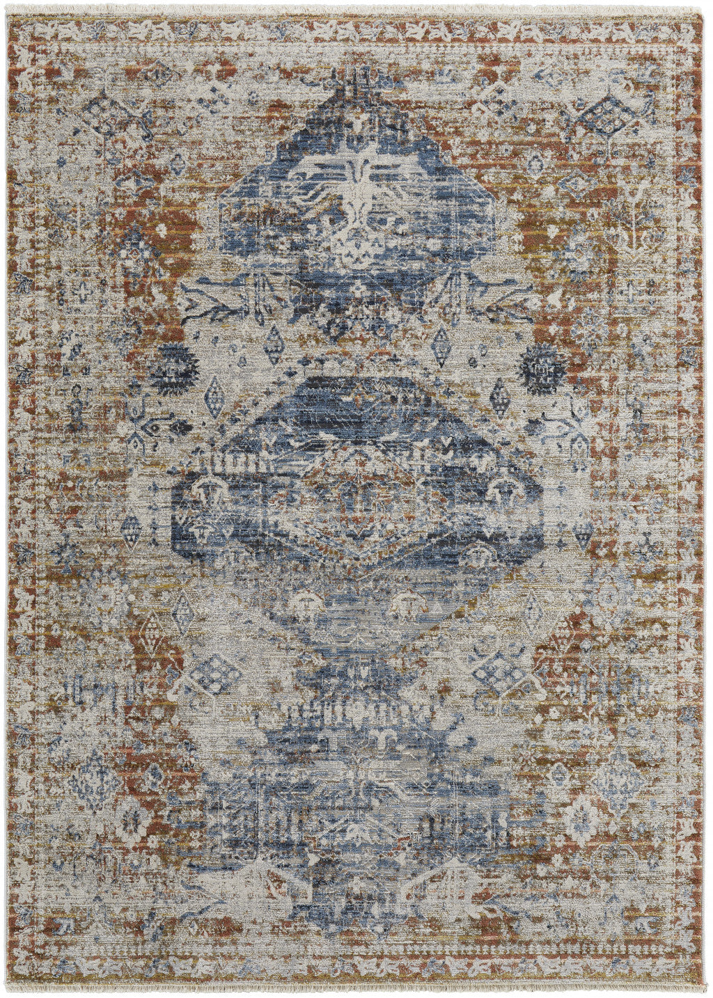 10' X 13' Ivory Orange And Blue Floral Power Loom Distressed Area Rug With Fringe - 20.0" (L) x 34.0" (W) x 0.39" (H)