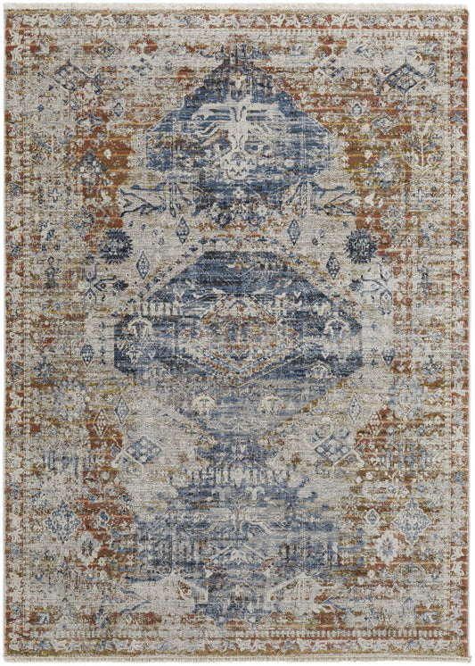 10' X 13' Ivory Orange And Blue Floral Power Loom Distressed Area Rug With Fringe - 20.0" (L) x 34.0" (W) x 0.39" (H)