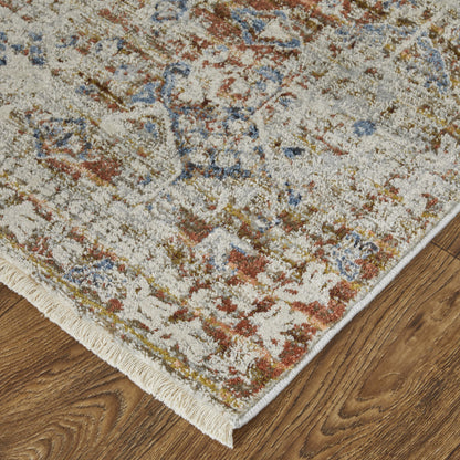 10' X 13' Ivory Orange And Blue Floral Power Loom Distressed Area Rug With Fringe - 20.0" (L) x 34.0" (W) x 0.39" (H)