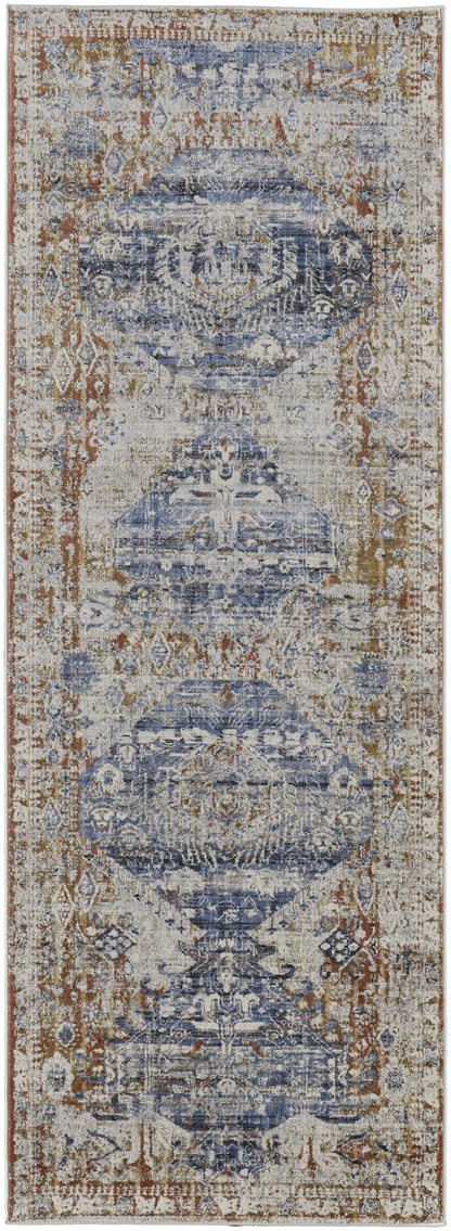 10' Ivory Orange And Blue Floral Power Loom Distressed Runner Rug With Fringe - 39" H x 36" W x 120" D