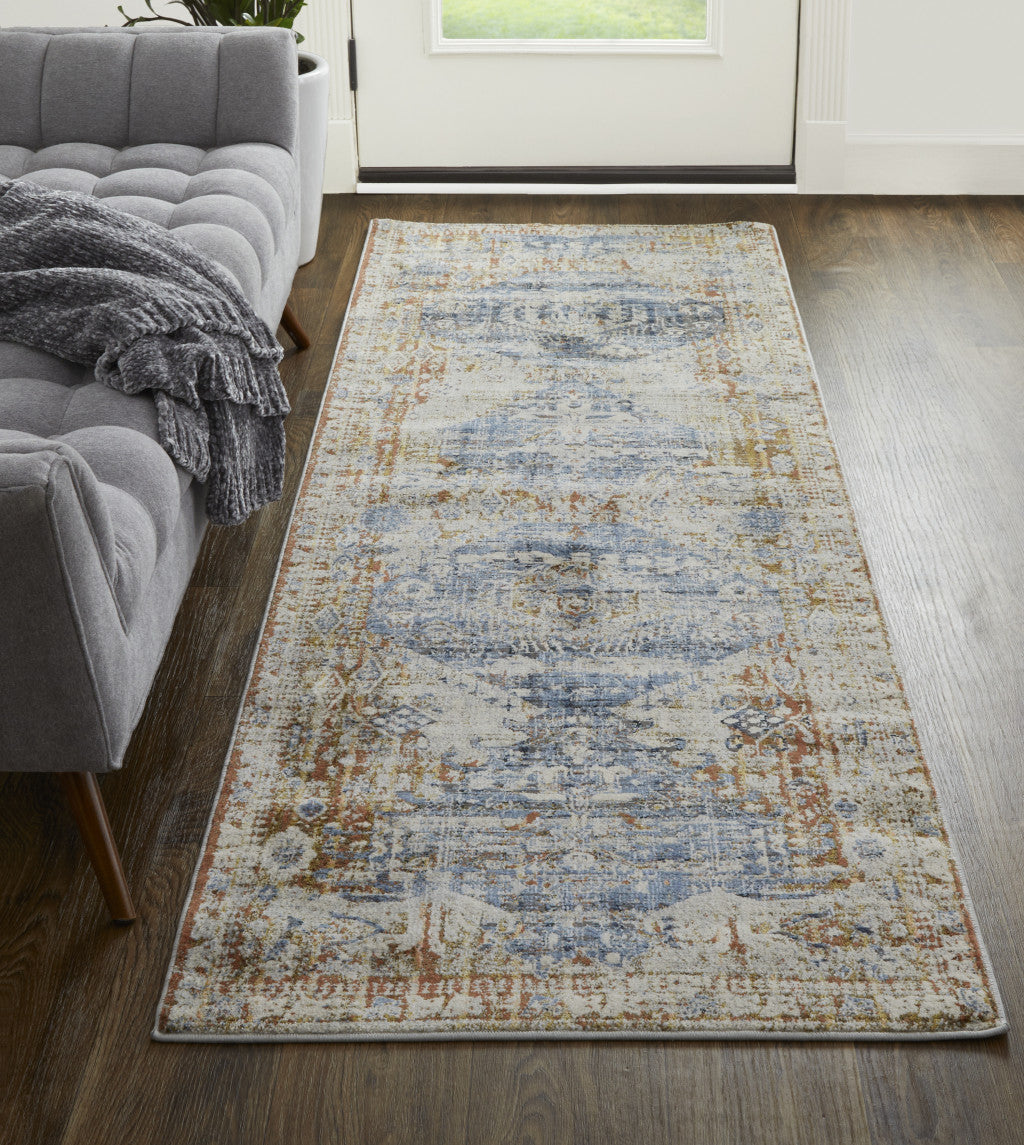 10' Ivory Orange And Blue Floral Power Loom Distressed Runner Rug With Fringe - 39" H x 36" W x 120" D