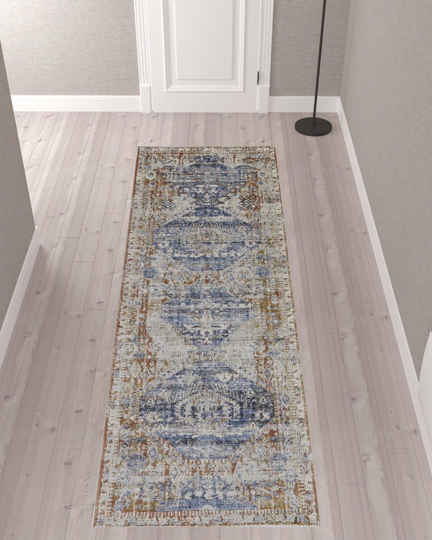 10' Ivory Orange And Blue Floral Power Loom Distressed Runner Rug With Fringe - 39" H x 36" W x 120" D